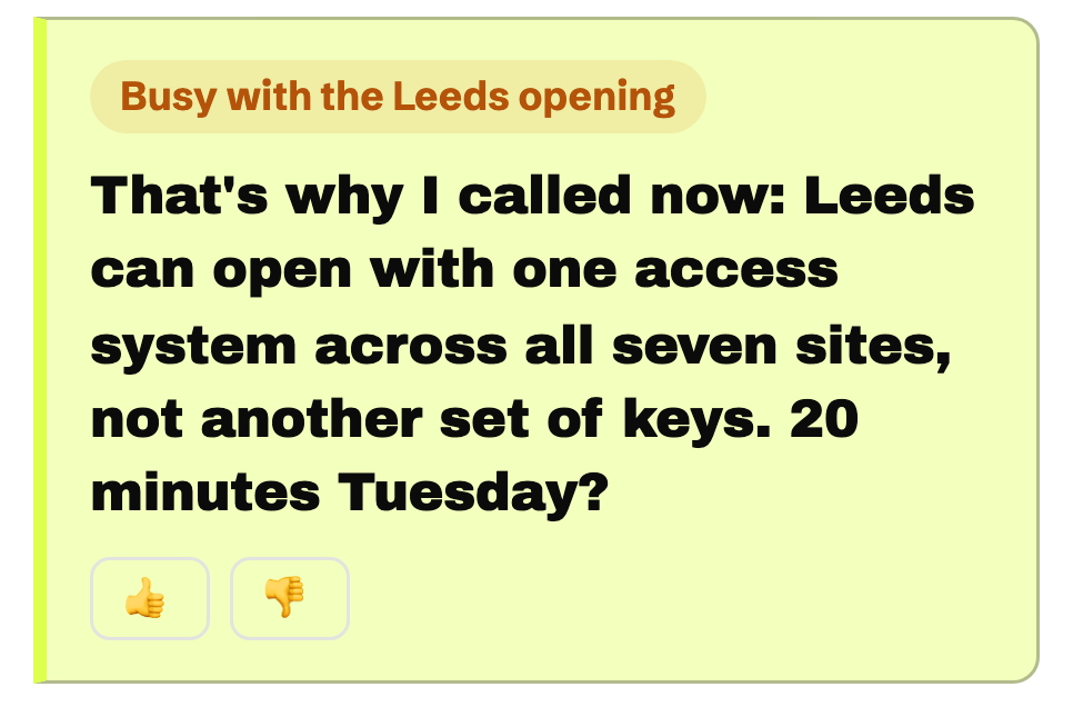 PitchWhip’s live Say next card on a call. The prospect is busy with a new site opening, and it suggests a reply that turns that into the reason to meet.