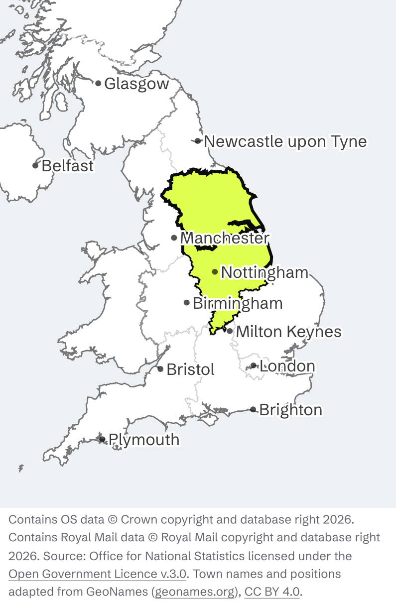 The Find companies map in PitchWhip with Yorkshire and the East Midlands picked as the search area.