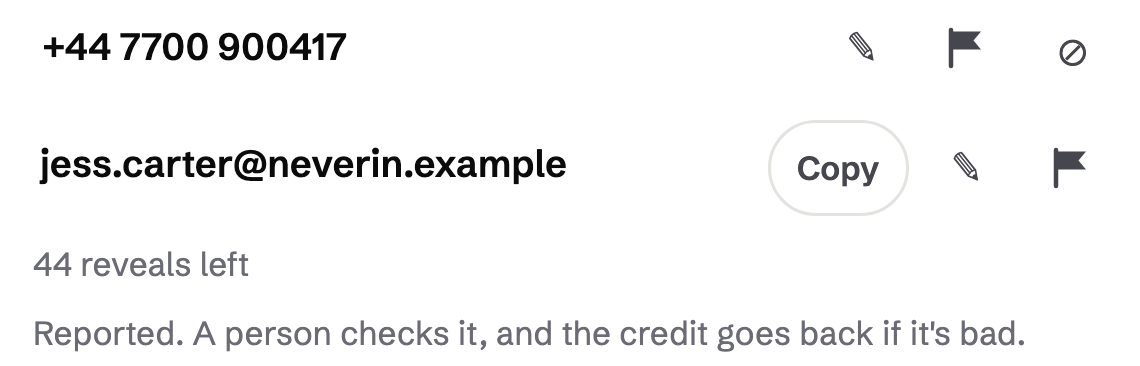A revealed mobile number and work email in PitchWhip, each with a flag to report a bad one. A person checks it and the credit goes back.
