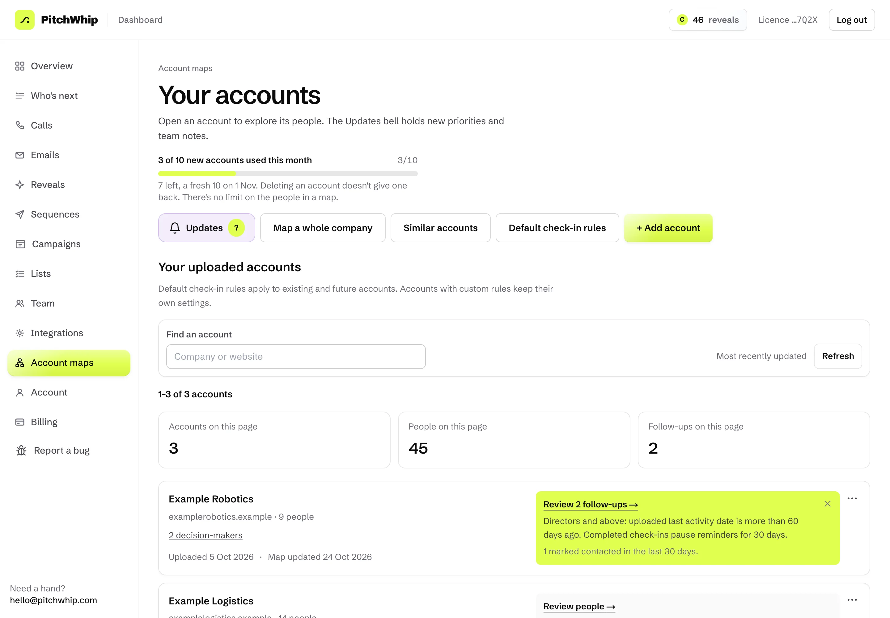 Account maps in the dashboard: your accounts, Map a whole company, Similar accounts and Add account