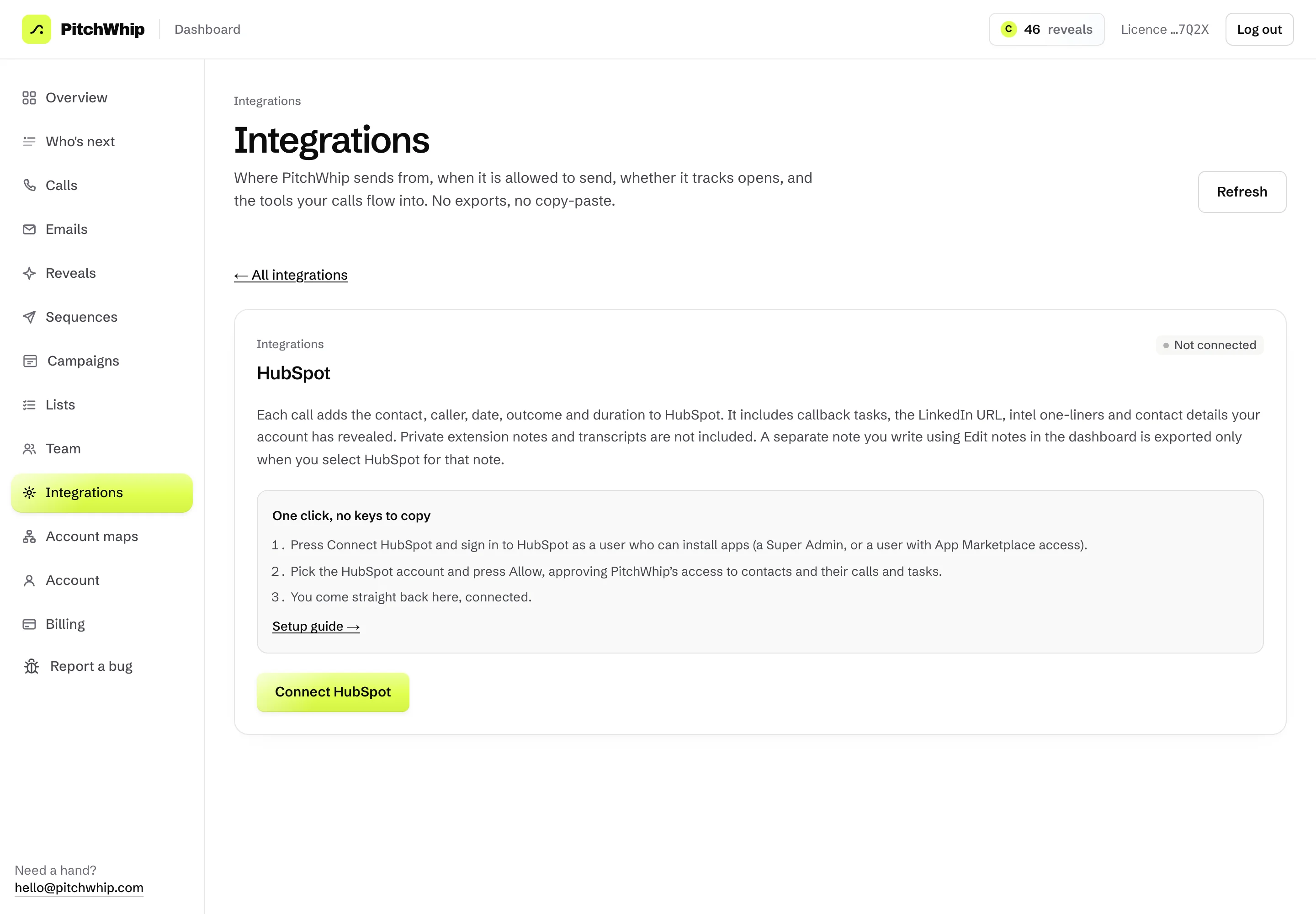 Connecting HubSpot from the dashboard's Integrations page