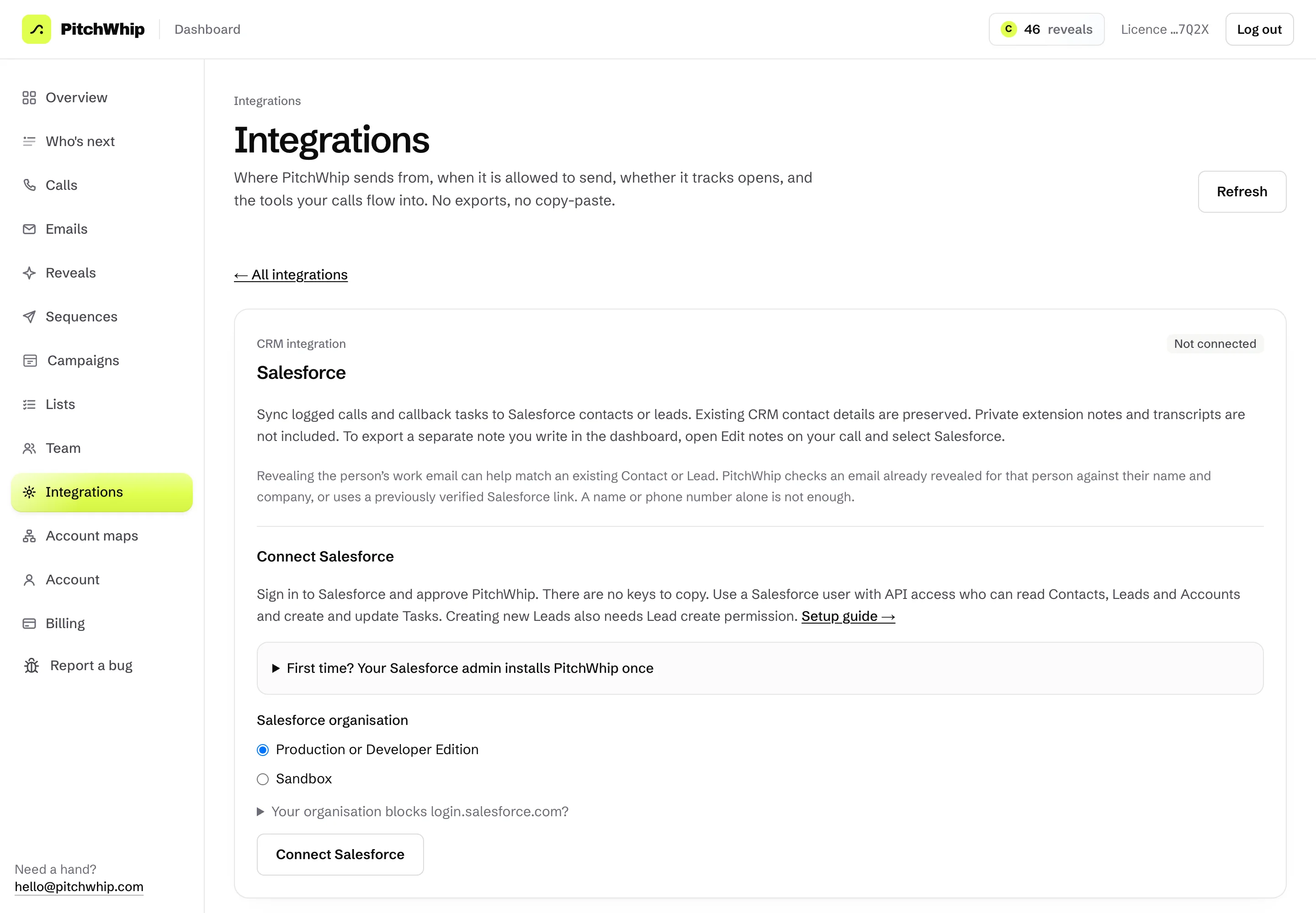 Connecting Salesforce from the dashboard's Integrations page