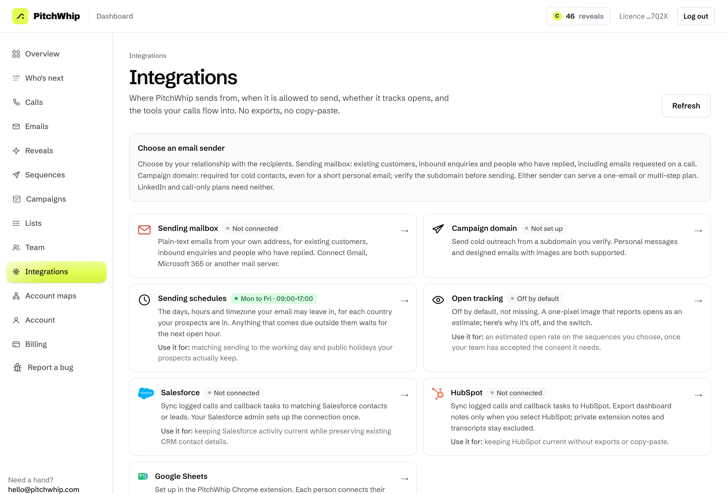 Integrations in the dashboard: sending mailbox, campaign domain, sending schedules, open tracking, Salesforce, HubSpot and Google Sheets