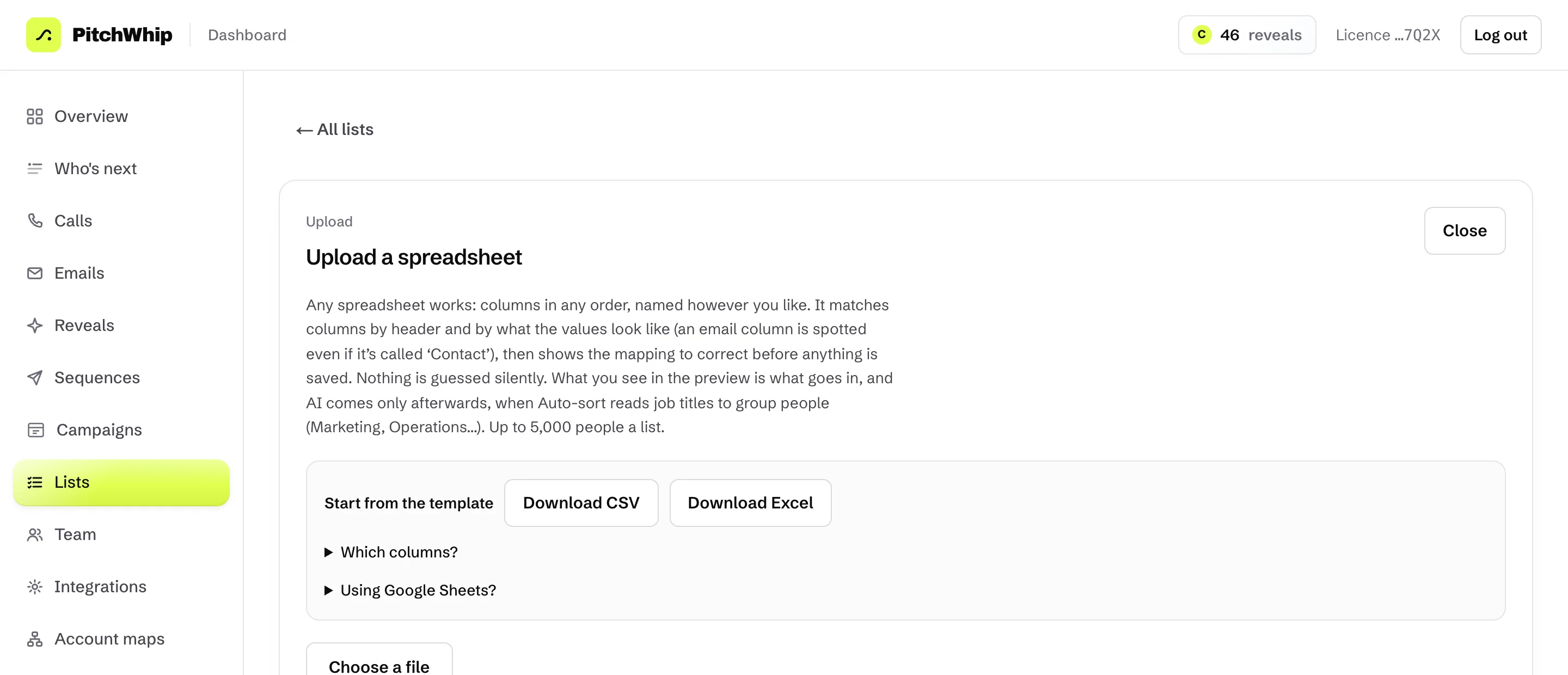 Uploading a spreadsheet in the dashboard: download the template, then choose your file