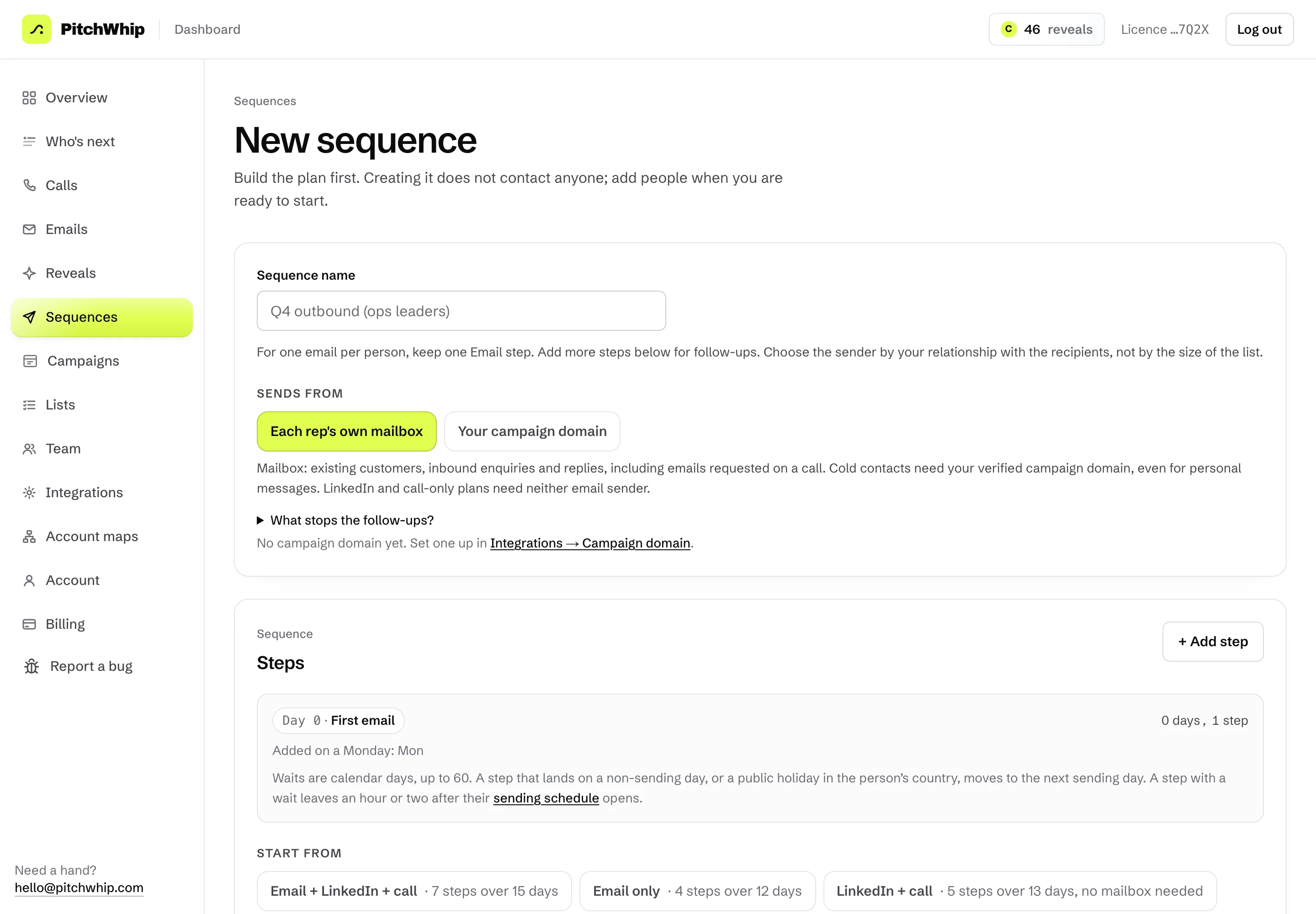 Building a new sequence: add email, LinkedIn and call steps with waits between them