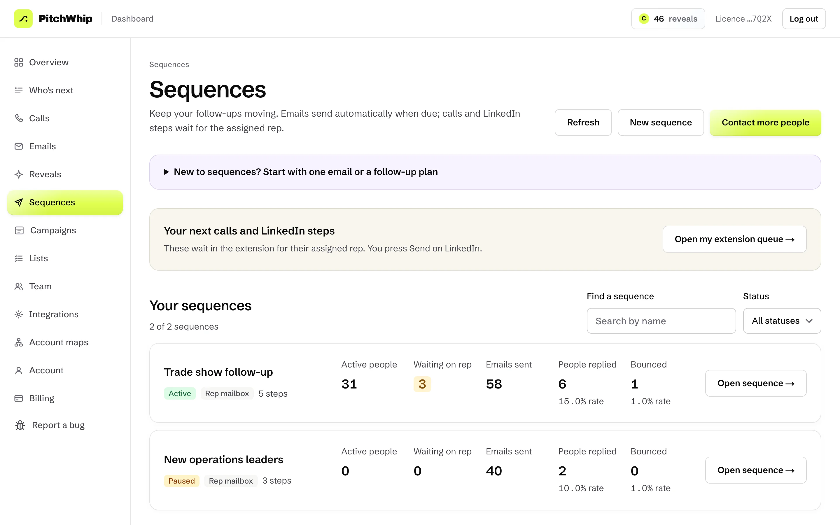 Sequences in the dashboard: each sequence with its active people, emails sent and replies