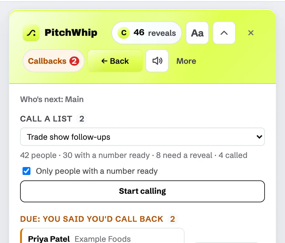 Call a list in Who's next: pick a list and press Start calling