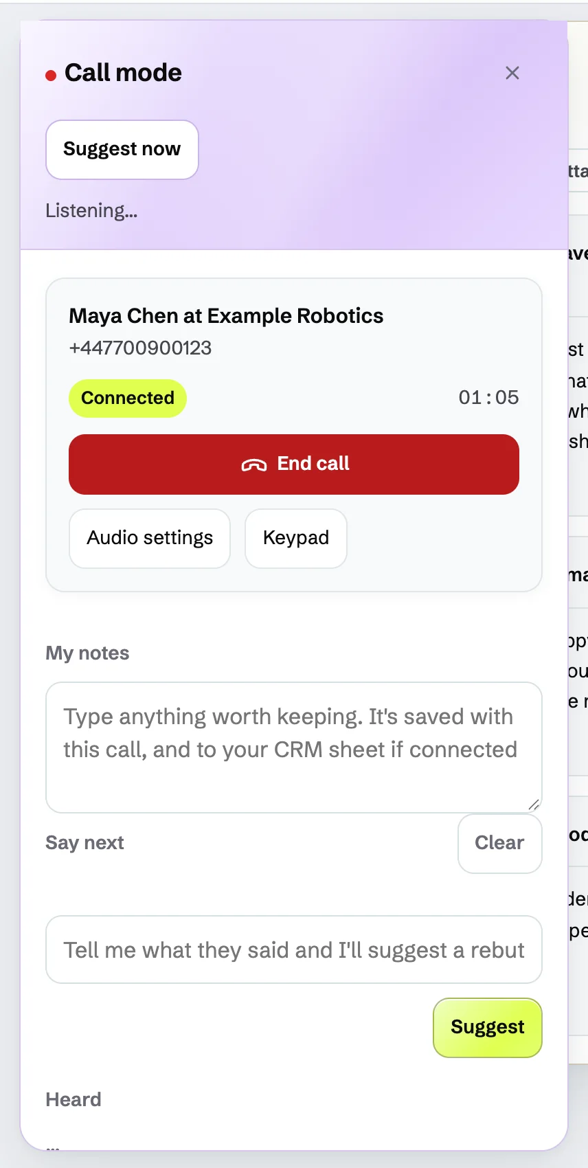A call in progress from the panel, with the timer, mute, keypad and hang-up controls