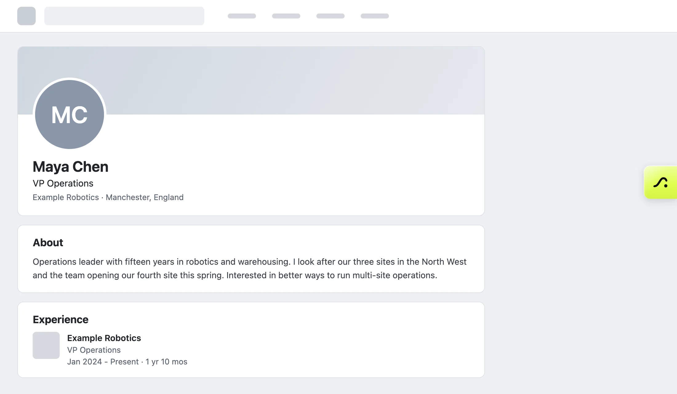 A profile page with the lime-green PitchWhip tab on the right edge of the window