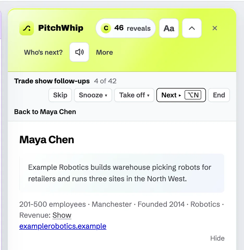Calling down a list: the strip shows who is next, their local time, and a Next button