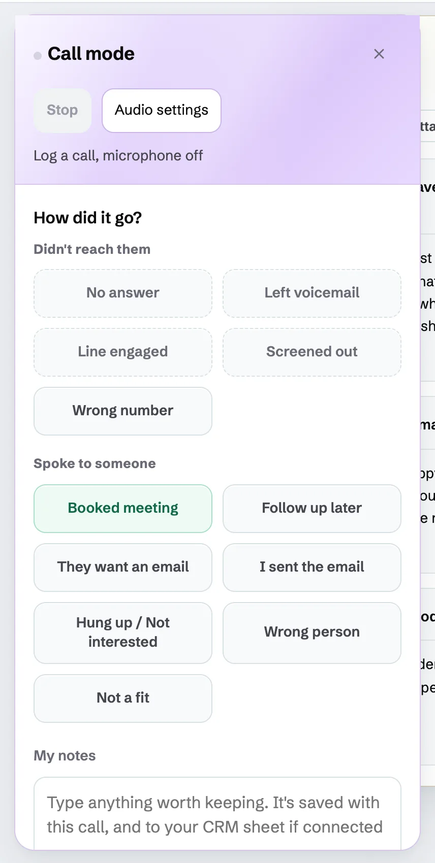 The outcome buttons for logging a call: No answer, Left voicemail, Booked meeting, Follow up later and more