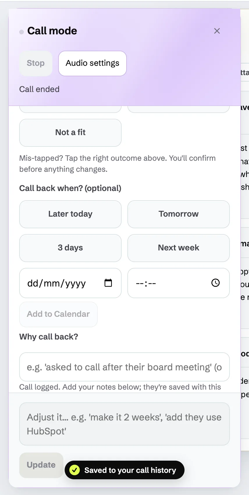 Follow up later with a date picker and quick choices such as Tomorrow and Next week