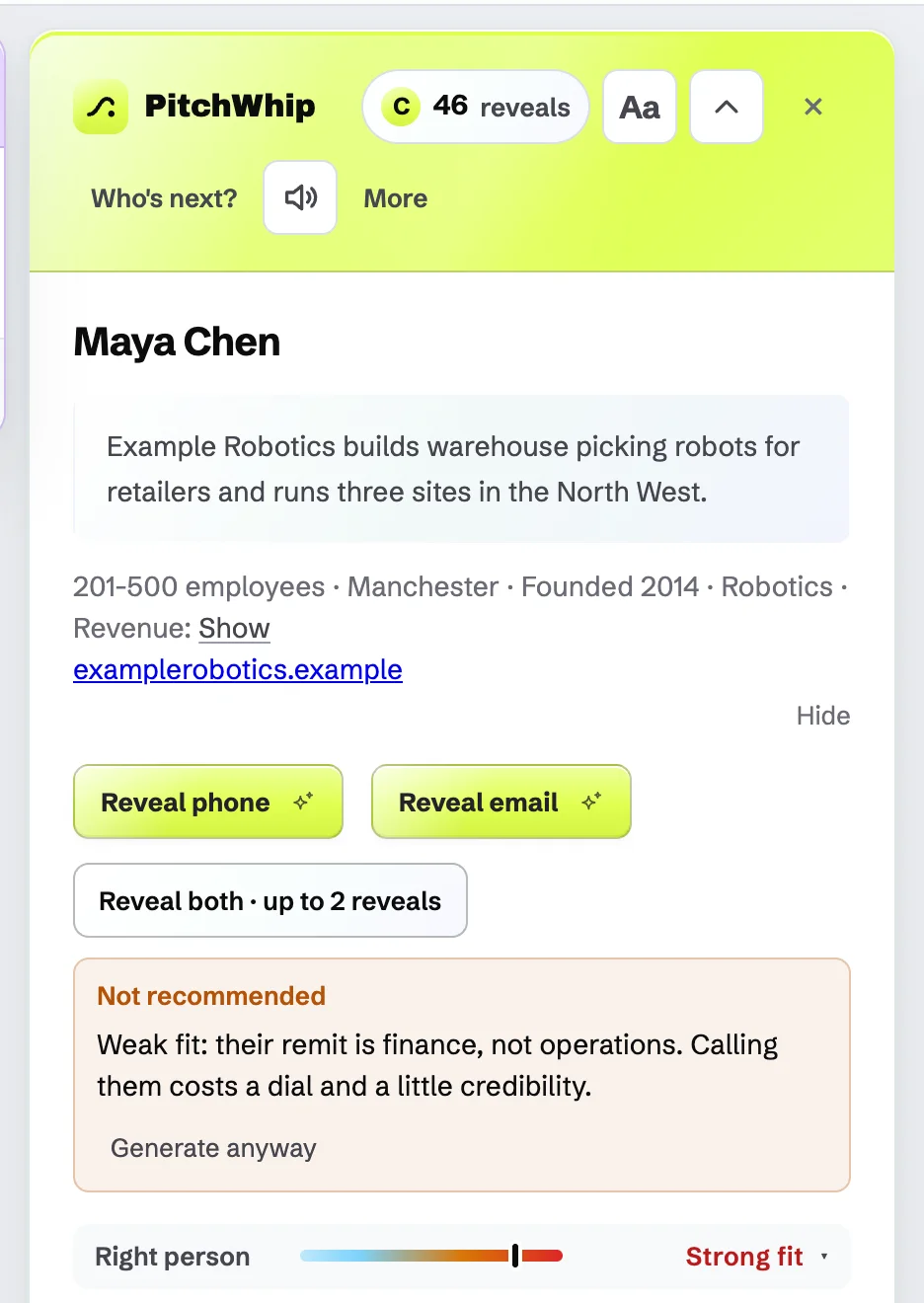The panel saying Not recommended, with the reason and a Generate anyway button