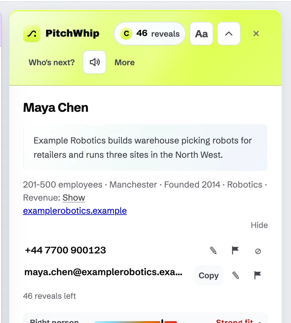A revealed phone number and work email in the panel, each with a copy button and a flag for bad data