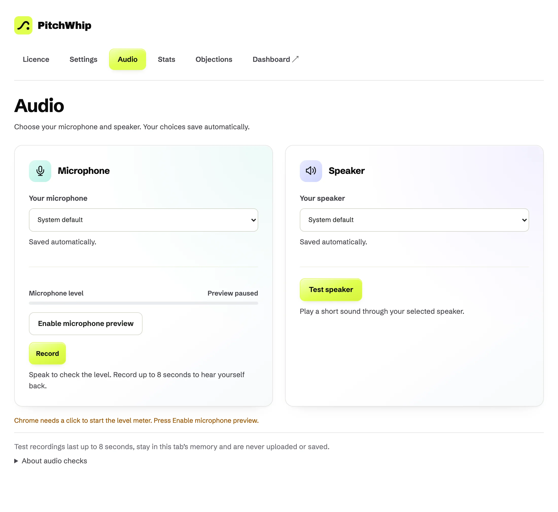 PitchWhip Settings, Audio tab: choose your microphone and speaker and test them