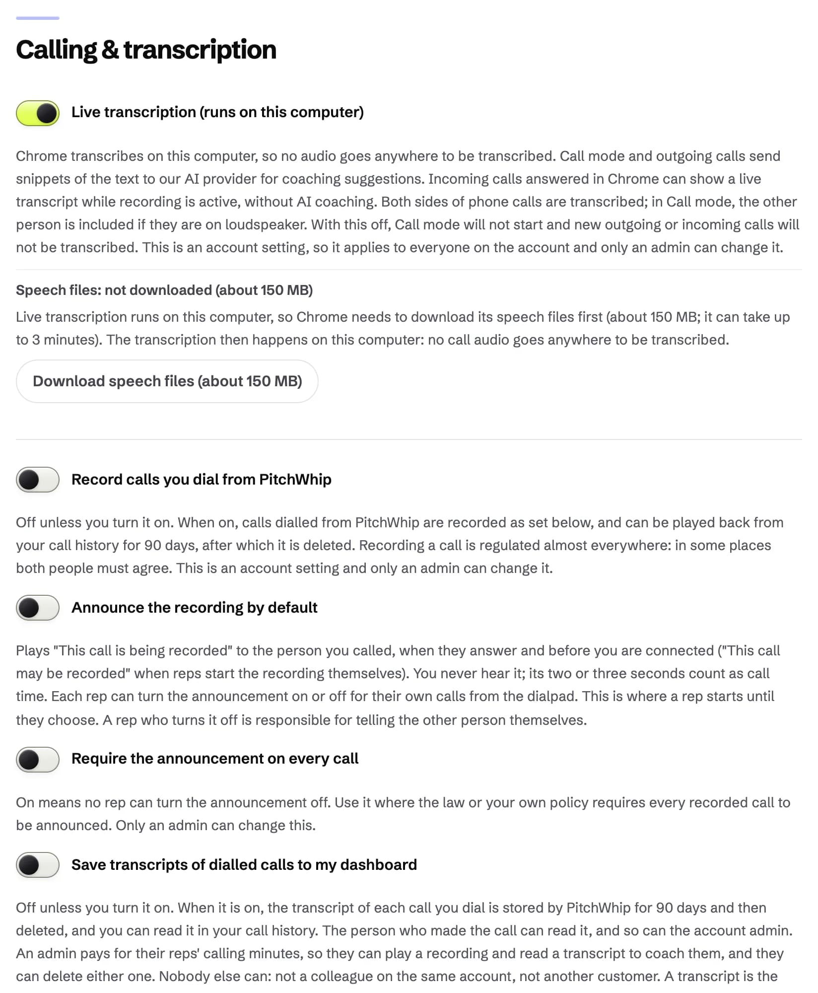 PitchWhip Settings: the Calling section, with the calling notice, your number and caller ID