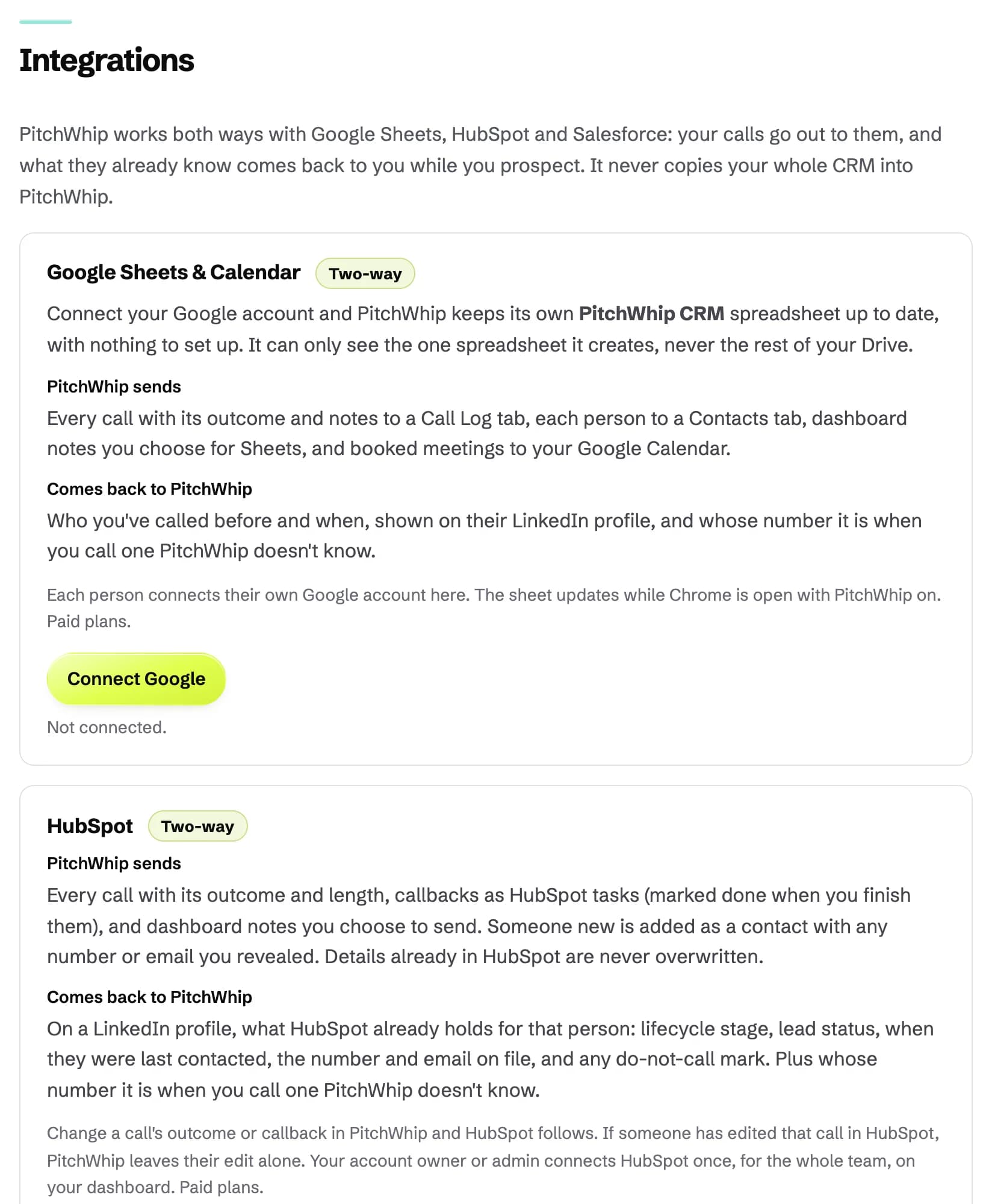 PitchWhip Settings: Integrations, with Connect Google and the link to connect a CRM from the dashboard