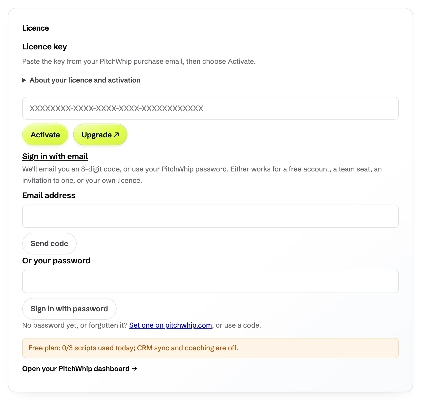 PitchWhip Settings, Licence tab: Sign in with email open, with the email box, Send code and the password box, and the licence key box with Activate