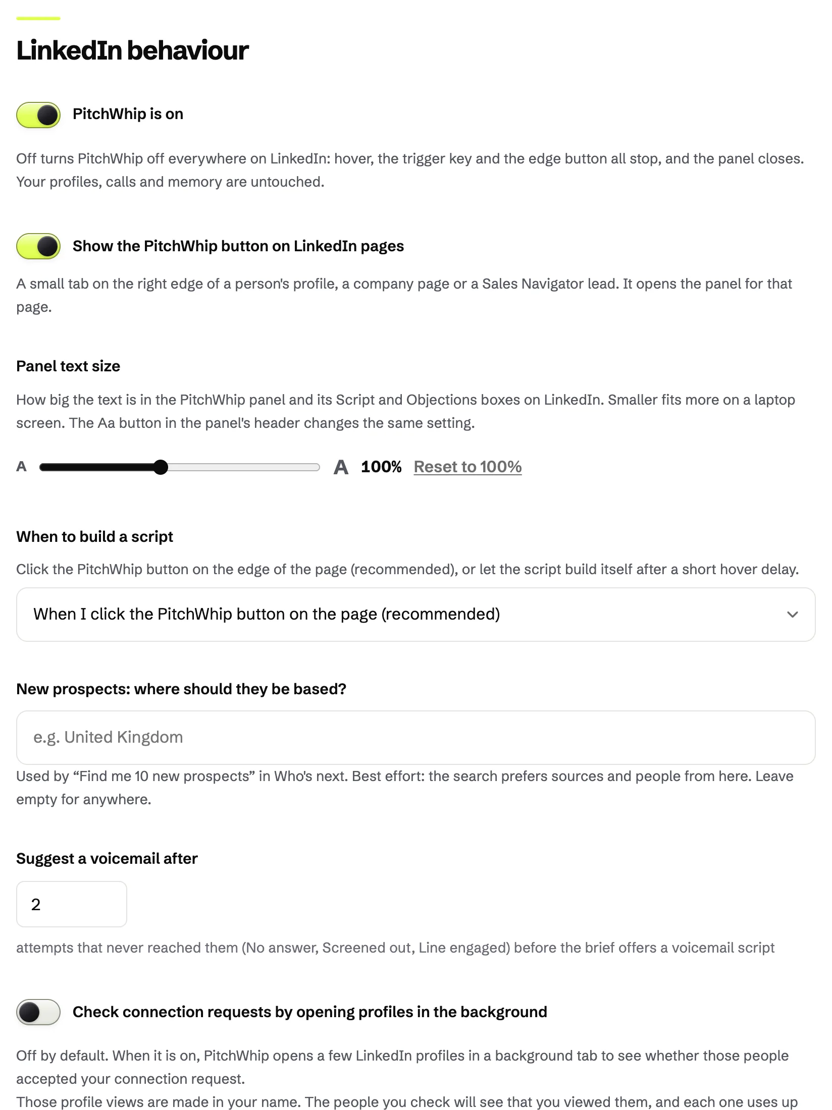 PitchWhip Settings: how the panel opens on a profile page, and the panel text size