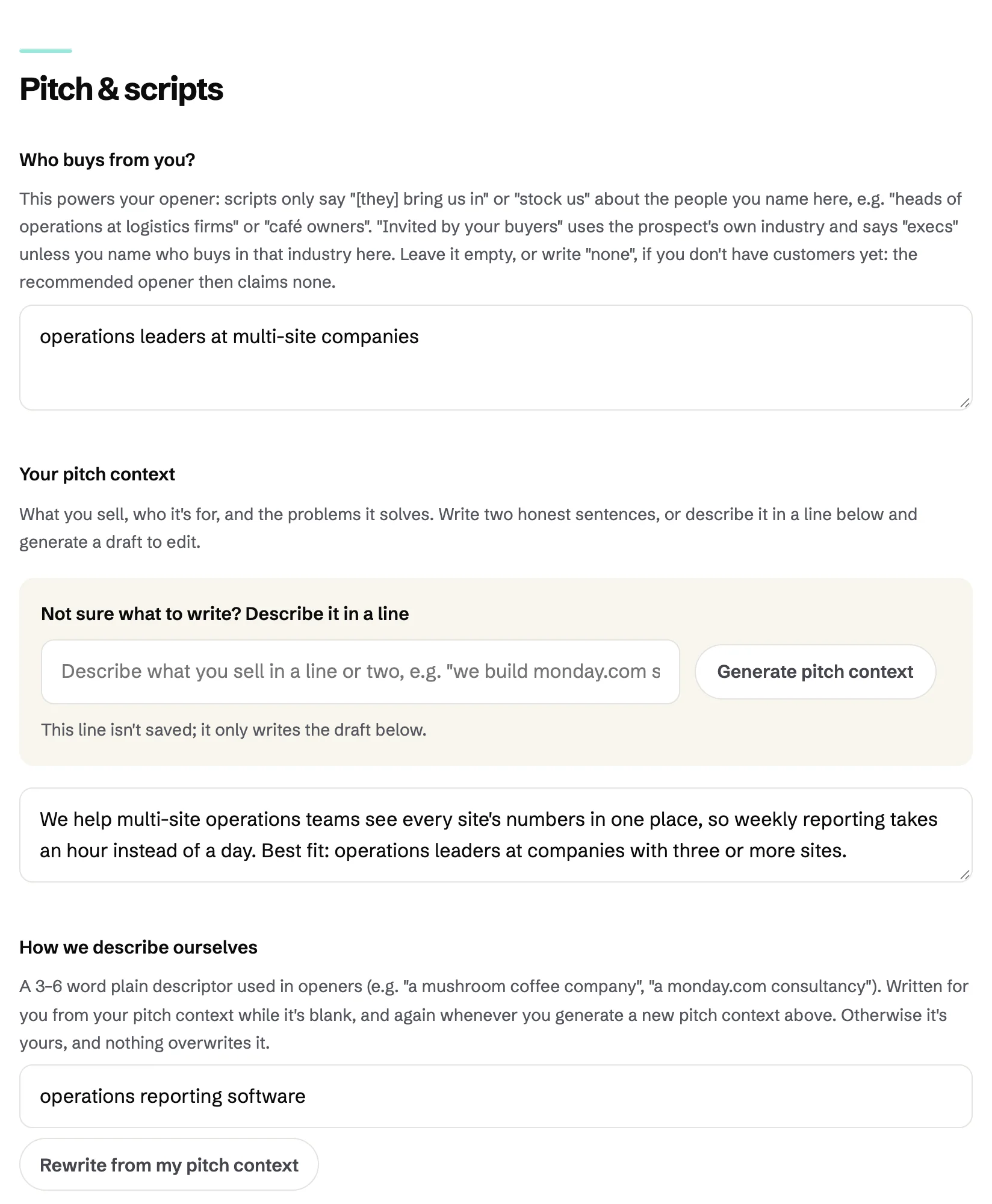 PitchWhip Settings: Your pitch context, with a box to describe what you sell in a line and a Generate pitch context button