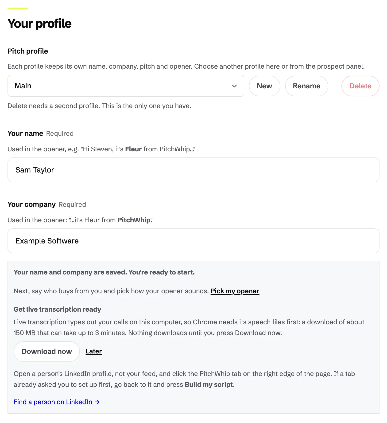 PitchWhip Settings: Your name and Your company filled in
