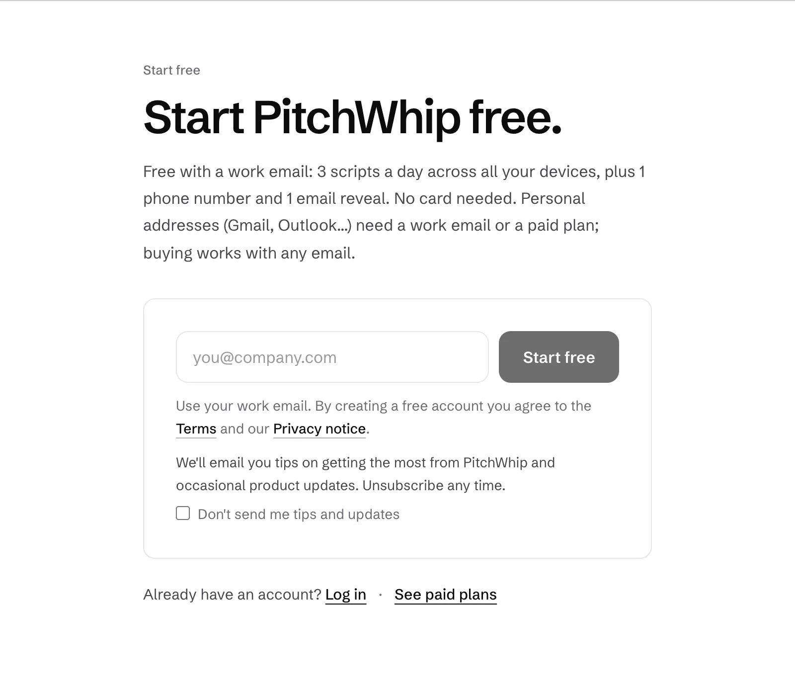 The PitchWhip sign-up page: enter your work email to create a free account